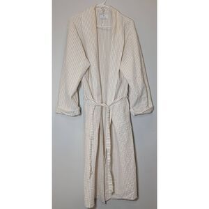 Matouk womens small long cotton robe Seersucker stripe tan white oatmeal